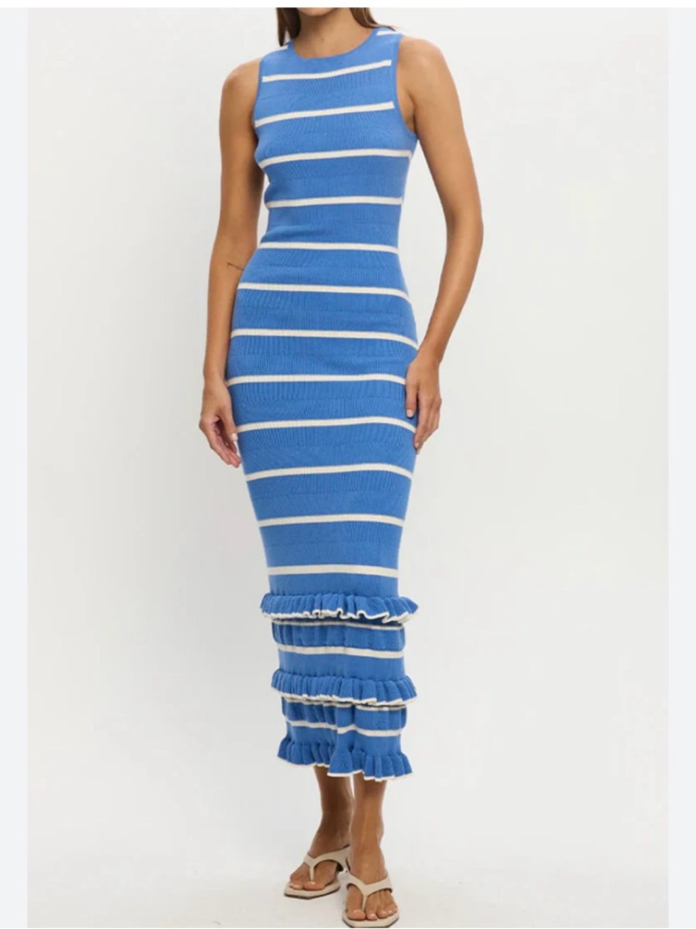 Kivari Blue and White Striped Knit Midi Dress with Triple Ruffle Hem